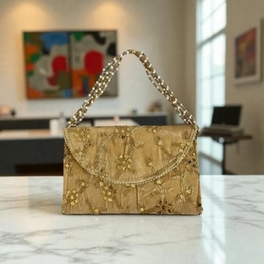 Artisan Gold Embroidered Canvas Purse Handbag Clutch Bag Wallet 8”x5.5” New